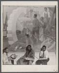 Photograph of Vertis Hayes, Morgan Smith, and Elton Serant sitting next to "Pursuit of Happiness" mural, Harlem Hospital, 1937-38