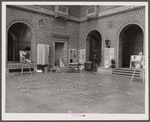 Washington, D.C. Exhibition of textiles produced by Work Projects Administration weaving projects in Kentucky and Tennessee, held in the courtyard of the United States Department of Agriculture building.