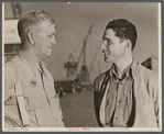 Baseball players in war production. Lunch hour at California Ship Building Corporation finds two of baseball's major leaguers talking things over. As fellow ship-builders at the California shipyards, George Stovall, retired manager of the Cleveland Indians, and Vince DiMaggio, Pittsburgh Pirates outfielder, agree that they're both members of the greatest American team in existence--the team that's all out to beat the Axis.
