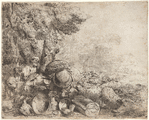 Flock of Sheep Surrounding a Laden Donkey