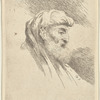 Bearded Old Man Wearing Shoulder-Length Headdress, Facing Right

