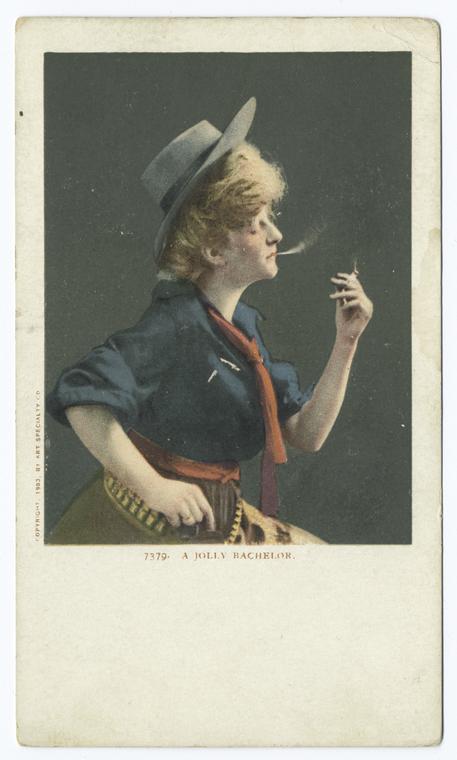 A woman wearing a hat and smoking a cigarette in the photo titled A Jolly Bachelor