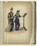 Two soldiers in blue uniforms, one with white trim, the other with yellow. Both have red piping on their trousers. The soldier on the left holds a trumpet, the one on the right hold a small wind instrument. There is a music stand to the far left.