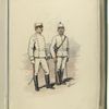 Two soldiers in white uniforms with yellow trip. The trousers have red piping.  Both soldiers have swords, and the one on the right has a rifle as well.