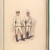 Two soldiers in white uniforms with yellow trip. The trousers have red piping.  Both soldiers have swords, and the one on the right has a rifle as well.