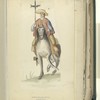 Man mounted on white horse carrying a lance.