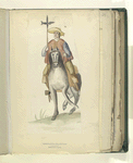Man mounted on white horse carrying a lance.