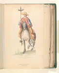 Man mounted on white horse carrying a lance.
