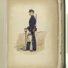 Soldier in blue uniform with red trim, carrying a rifle, a shovel, and a cannister.