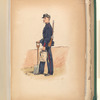 Soldier in blue uniform with red trim, carrying a rifle, a shovel, and a cannister.