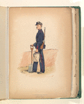 Soldier in blue uniform with red trim, carrying a rifle, a shovel, and a cannister.