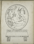 Two seated figures and two-headed dog within a circle, over  bench decorated with figures and abstract elements