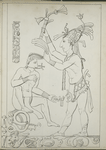 Two figures, one seated and one standing, with tools and decorative elements