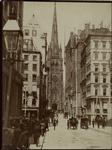 New York City sidewalk with horse drawn carriages and church in background