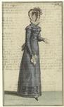 Woman standing with hat and handkerchief, France, 1810s