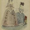 Woman in pink dress with bows and woman in blue dress with white trim, France, 1841