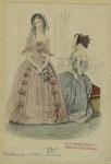 Woman in pink dress with bows and woman in blue dress with white trim, France, 1841
