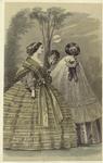 Woman in striped yellow dress and woman in purple and white dress with cape, United States