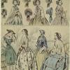 Women modeling bonnets, hats, and headdress, England, 1850s