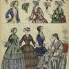 Women modeling hats, bonnets, and headdress, England, 1850s