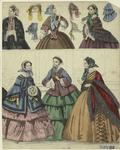 Women in long dresses, shawls and bonnets, 1856
