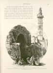 Entrance to the Hospice of St. John and Minaret of Omar.  A muezzin in the balcony chanting the call to prayer. Peasants loading a camel in the foreground, and a townswoman wearing a white izzar and dark veil in the distance