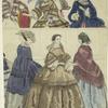 Women in long dresses, coats, and bonnets, England, 1857