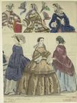 Women in long dresses, coats, and bonnets, England, 1857