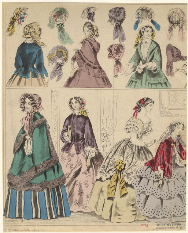 Women in long dresses and bonnet, England, 1853 - NYPL Digital Collections