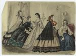 Women in a parlor with long dresses and bonnets, United States, 1863