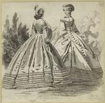 Women outdoors with long dresses and hats, France, 1850-1869