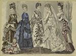 Woman in wedding dress, other women and a child, United States, 1870s