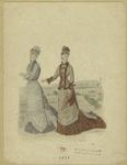 Women in dresses and hats outdoors, France, 1870s