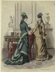 Women in hats standing indoors, France, 1870s