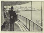 Passengers aboard a ferry, overlooking New York Harbor, 1890s