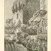 The citadel, Damascus.  A large oblong structure surrounded by a moat. There are twelve projecting towers, two of which are shown above. In the foreground there is a café, in the upper balcony of which a turbaned player holds up a winning card exultingly.