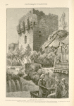 The citadel, Damascus.  A large oblong structure surrounded by a moat. There are twelve projecting towers, two of which are shown above. In the foreground there is a café, in the upper balcony of which a turbaned player holds up a winning card exultingly.