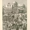 The Horse Bazaar, Damascus, as it appears on market days.  In the foreground is a Bedouin sheikh on horseback, fully equipped. Another Bedouin has just dismounted to greet a friend, exemplifying the words, "and he fell upon his neck and kissed him."