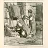 A street barber's stall, with a ragged canopy ready for use as protection from sun or rain. The street barber is only employed by those who are too poor to go to the commodious barbers' shops.