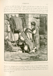 A street barber's stall, with a ragged canopy ready for use as protection from sun or rain. The street barber is only employed by those who are too poor to go to the commodious barbers' shops.