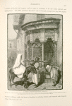 A street drinking-fountain, Damascus.  The lady who is riding en cavalier wears a dark muslin veil, called a mandîl, which quite conceals her features; her outer garment, an izzar, is like a large sheet of fine white calico, and in this she envelopes herself completely.