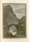 The cliffs of Sûk Wâdy, Barada.  A modern bridge of a single arch spans the river, and the road crosses from the right to the left bank. This is the narrowest part of the gorge, and the cliffs that shut it in are not more than a hundred feet apart.