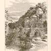 Convent of the Mullawîyeh, or dancing dervishes, Tripoli, with a distant view of the snow crowned summits of Lebanon. In the foreground flows the Kadîsha (the sacred river), called also Nahr Abû Ali. On the pathway may be seen a water-wheel and two millst