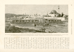 General view of 'Akka from the North- East, Carmel in the distance.  More than half the space within the walls is occupied by government buildings and barracks.  On the right is the great mosque of Jezzar Pasha, with its curiously butressed dome. It stands in a square court surrounded by domed chambers for the use of the mosque attendents and pilgrims. A steamer is approaching the town of Haifa, at the foot of Mount Carmel.