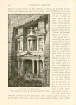Rock-cut tomb or temple, Petra. Eighty-five feet in height. It is called by the Arabs El Khuzneh Far'on, 'The treasures of Pharoah,' which is said to be concealed in the urn-shaped finial at the summit. The portal leads into a lofty chamber twelve yards square.