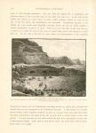 The rock-hewn amphitheatre, Petra. Thirty-three tiers of seats rise one above the other, and above the seats there are chambers hewn in rock.  The brook of 'Ain Mûsa, bordered with verdure, flows across the arena.