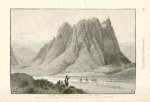 Âs Sufsâfeh (Mount Sinai) and the plain of Râhah (Rest).  Beyond the convent is seen Jebel Moneijâh. The summit of Jebel Músa is hidden behind the overwelming mass of Râs Sufsâfeh.