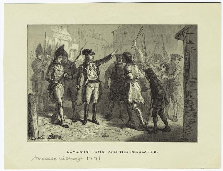 A black and white print depicting William Tryon confronting detained Regulators in a town square. 