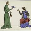 Man handing hat and purse to seated woman, France, 13th century
