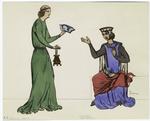 Man handing hat and purse to seated woman, France, 13th century